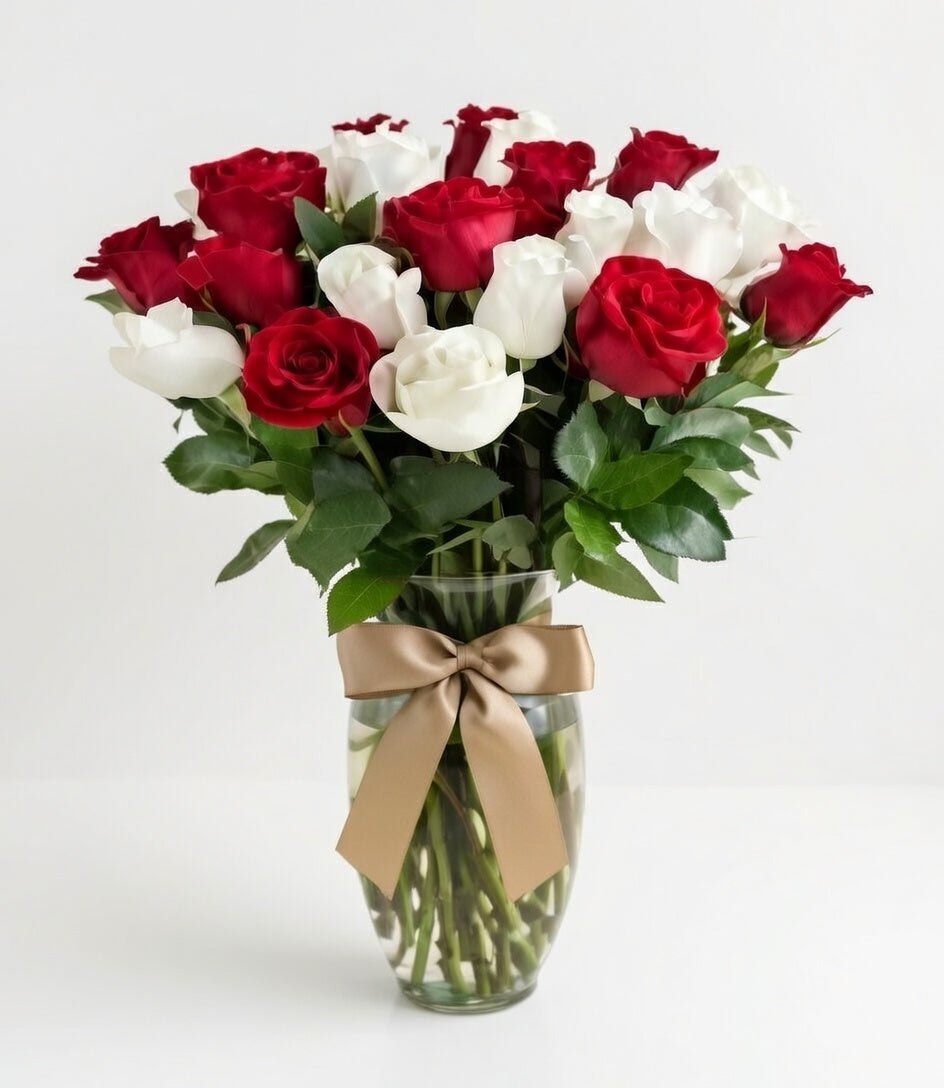 Jarrón 24 Rosas Rojas y Blancas