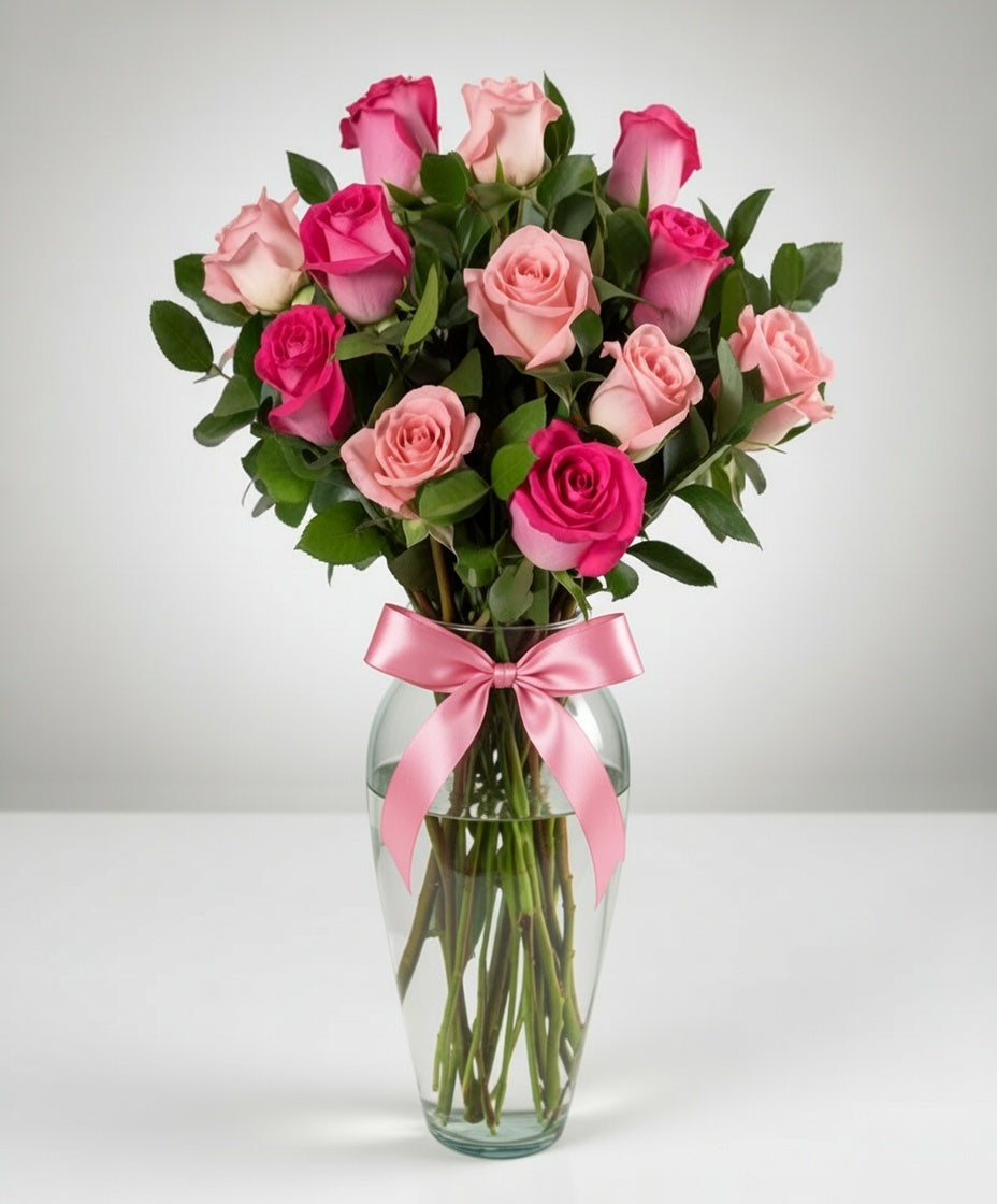 Jarrón 12 rosas Rosa y Fucsia