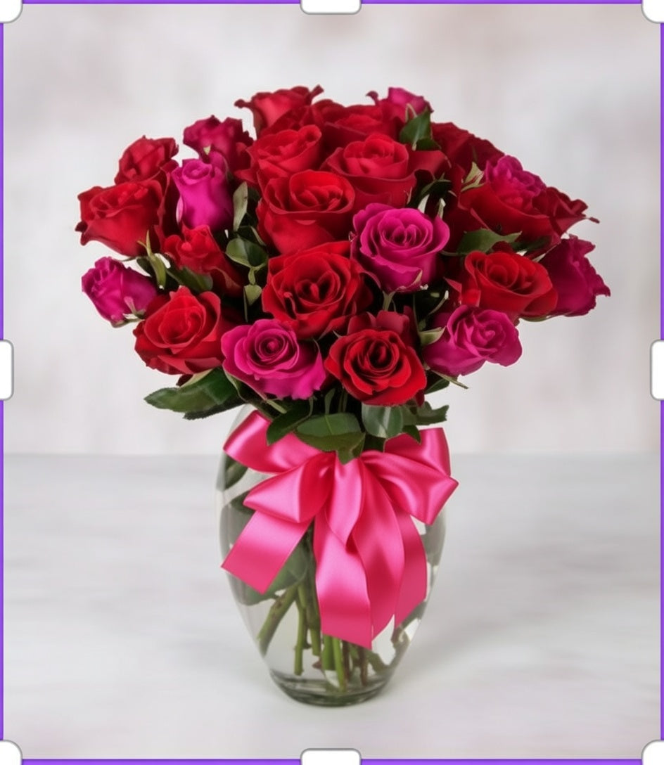 Jarrón 24 rosas (Rojas y Fuscias)