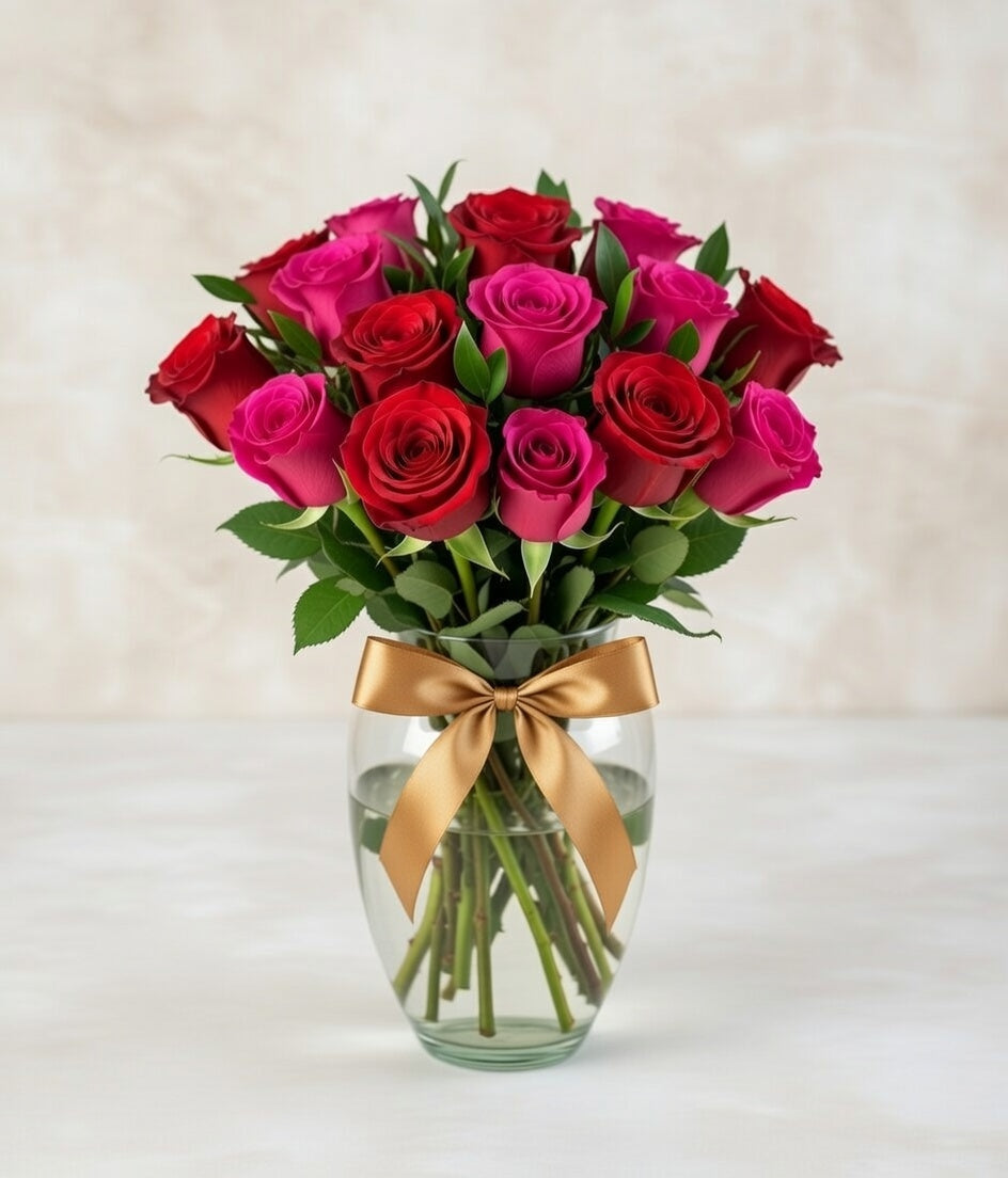 Jarrón 12 rosas (Rojas y Fuscias)